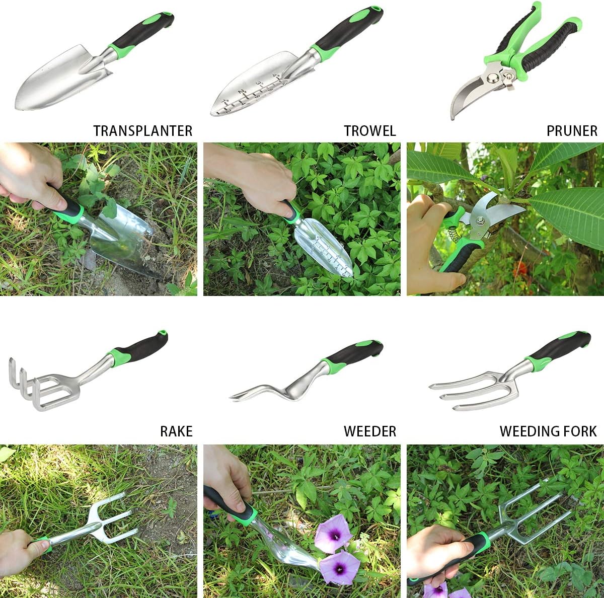 Aladom Garden Tools Set 10 Pieces, Gardening Kit with Heavy Duty Aluminum Hand Tool and Digging Claw Gardening Gloves for Men Women, Green : Garden & Outdoor