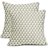 Aytipun Floral Block Print Pillow Covers 18x18 Set of 2 Neutral Flower Patterned Printed Decorative Outdoor Pillowcases Rustic Farmhouse Throw Cushion Case Couch Sofa Bed Decor
