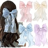 Large Hair Bow Clips for Women 4 Pcs Bright Silk Hair Bow Large Hair Ribbon Barrettes Metal Clips Bowknot Aesthetic Hair Accessories for Girls(Pink,Blue,Purple,Beige)