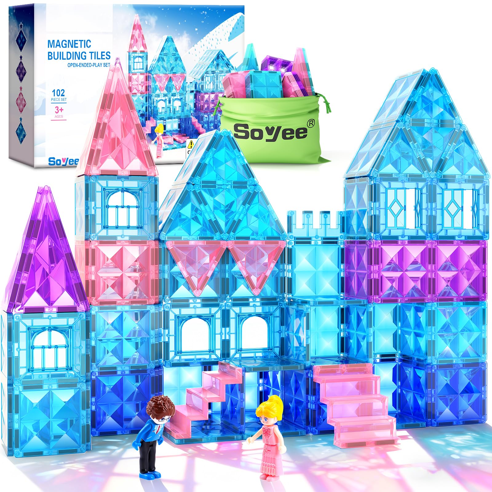 Magnetic Tiles 102pcs with 2 Stairs 2 Dolls Princess Castle Building Girls Toys Age 4-5 6-8 Magnetic Blocks Birthday Xmas Gifts for Girls Toys for 3 4 5 6 7 8+ Year Old Image