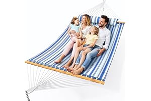 Everyfun Double Hammock with Spreader Bar,Soft Pillow,Max Load 500lbs,Portable Hammock for Outdoor,Camping,and Backyard,Blue