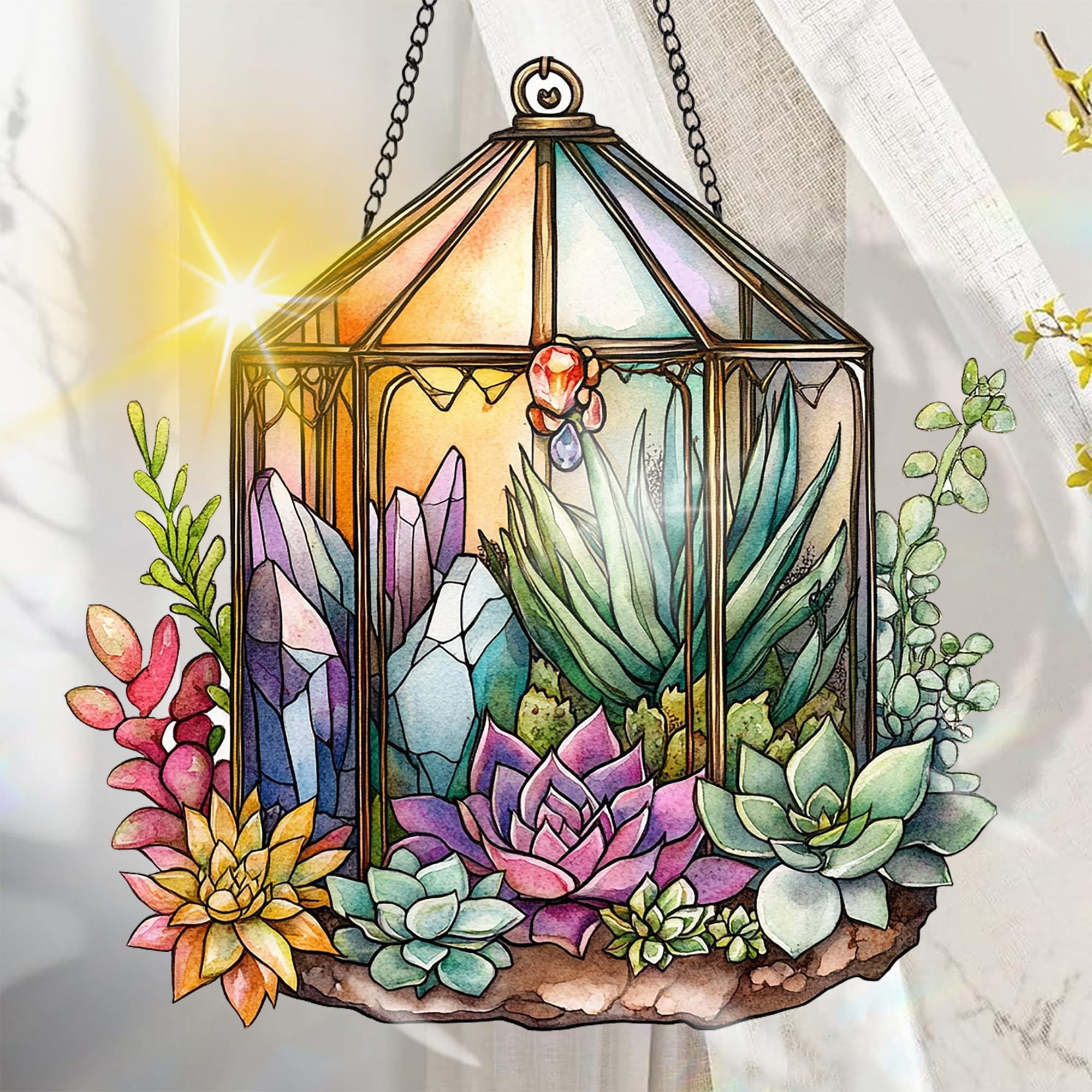 Photo 1 of Colorful Acrylic Suncatcher, Plant Hanging Window Decor with Printed Stained Glass Style Design Sun Catcher, Rainbow Maker Wall Art, Gift Idea & Garden Ornament Indoor Outdoor Use 7.8 x 7.8 inch