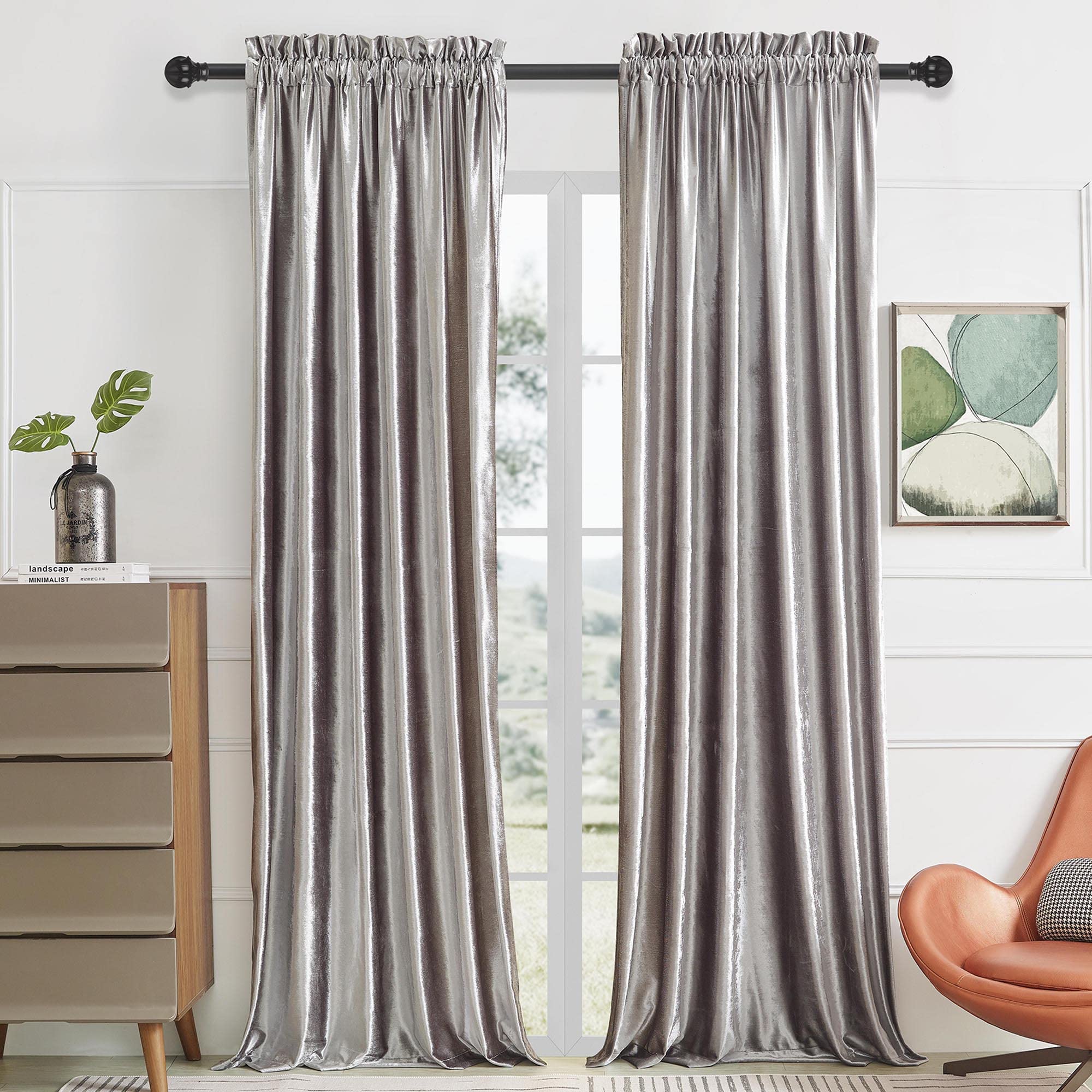 PRIMROSE Bright Silver Curtains 120 inch for Living Room Velvet Blackout Rod Pocket Window Drapes Treatment Semi Room Darkening Decor Curtains for Bedroom Set of 2 Panels