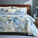Bedorm Floral King Comforter Set 100% Cotton Bedding Set 3 Pcs Blue and White Flower Botanical Comforter Monet Style Bedroom Decor Vintage Country Bedding Comforter