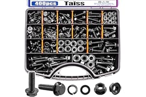 Taiss 400PCS Metric Flange Bolt Assortment kit,10.9 Grade M6x1.0, M8x1.25, M10x1.5 Bolts (12mm to 45mm) Black zinc Plating Hex Bolts and Nuts Washers,Metric Bolt Assortment