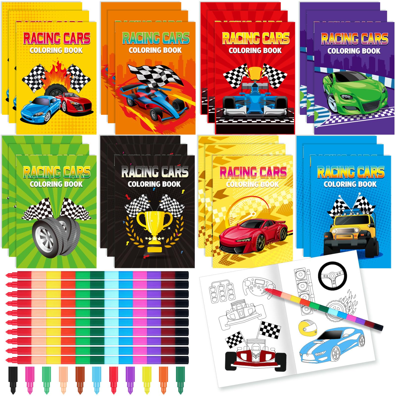 Photo 1 of Epakh 24 Set Racing Cars Coloring Books with Colorful Crayons Race Car Favors Set Cars Activity Book Mini Color Book Pages for Racecar Goodie Bag Fillers Wheels Decor Supplies (Car)