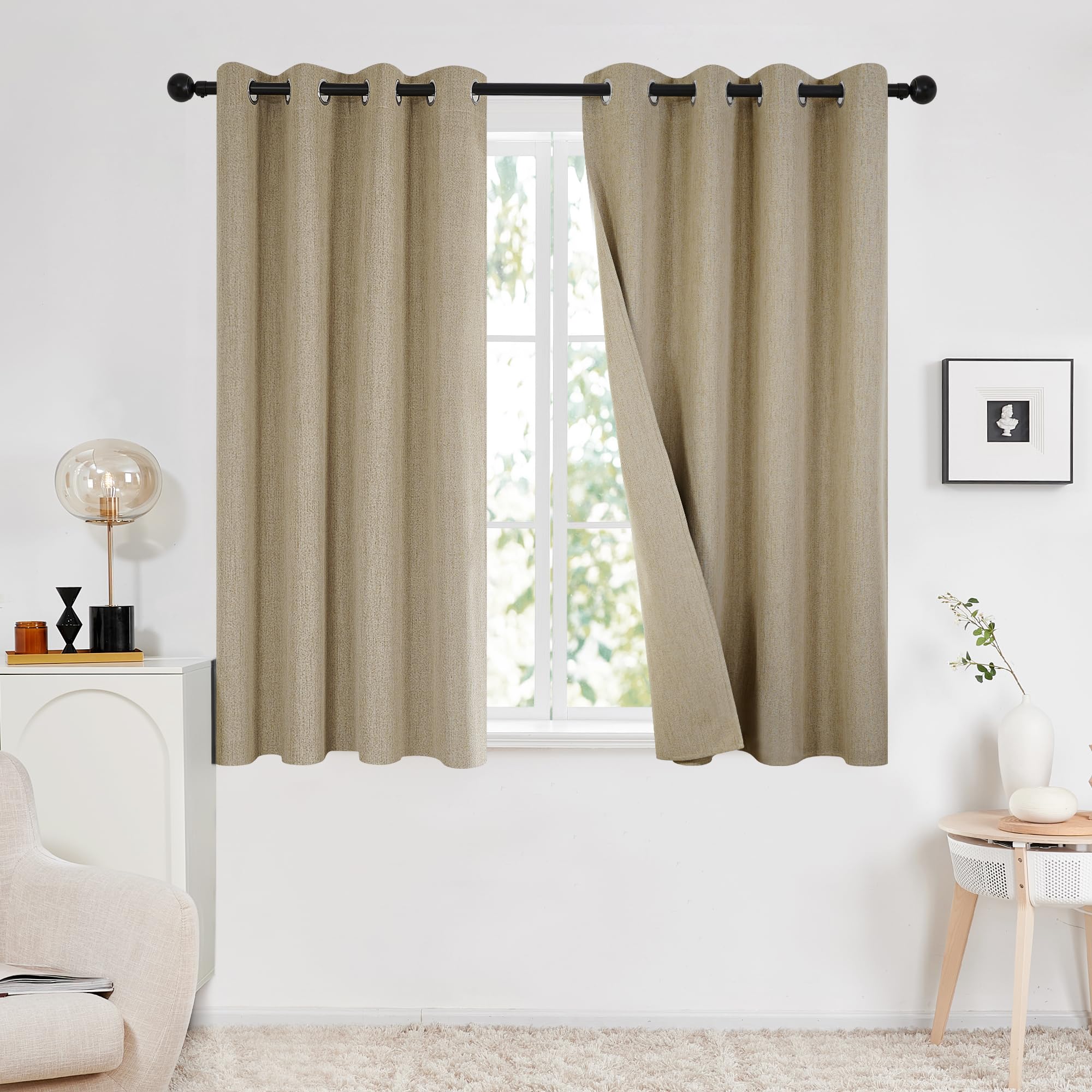 Deconovo 100% Blackout Curtains with Double-sided Faux Linen Eyelet Natural Curtains for Bedroom, 66 x 54 Inch(Width x Length), Taupe, 2 Panels
