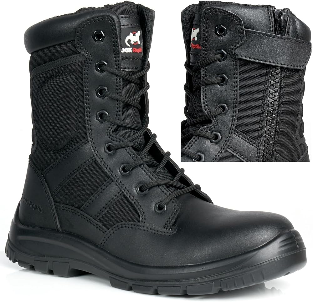 Rock Reptile Taskforce Mens Black Leather Combat Safety Boots Steel Toe Cap
