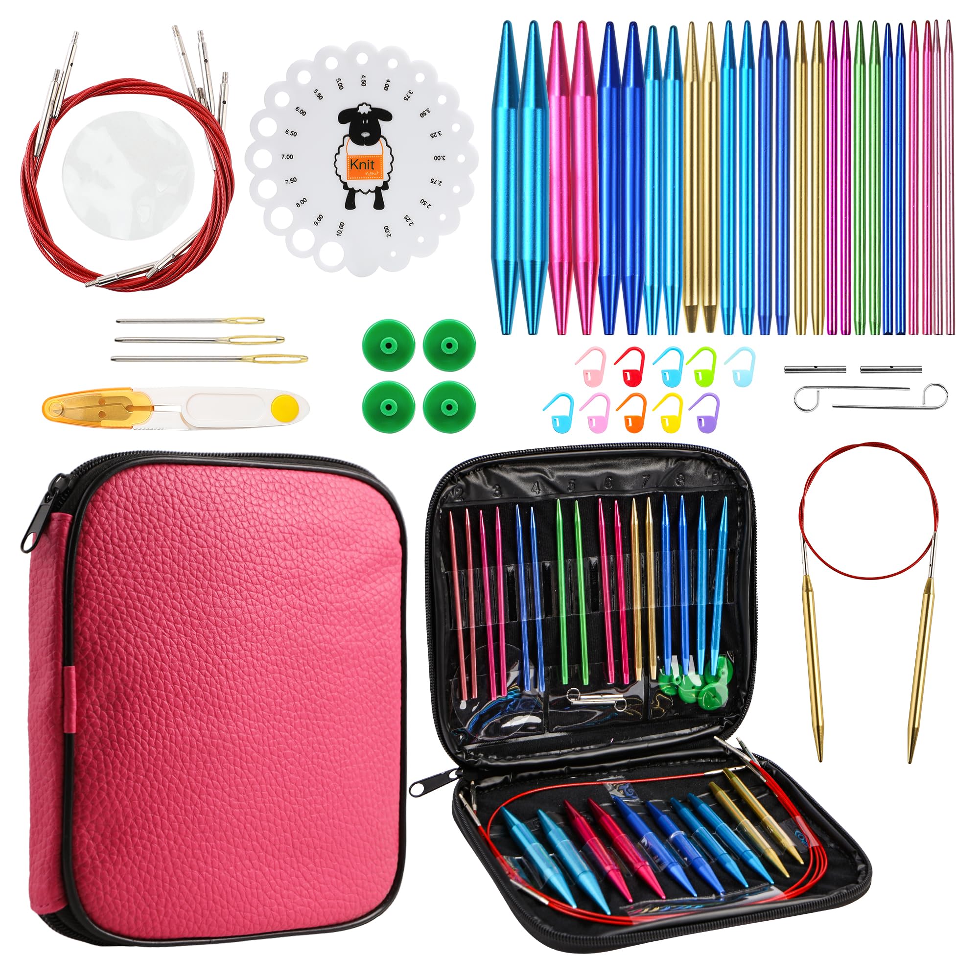 JOZEA 37pcs Aluminum Circular Knitting Needles Set with Ergonomic Handles,13 Size Interchangeable Crochet Needles
