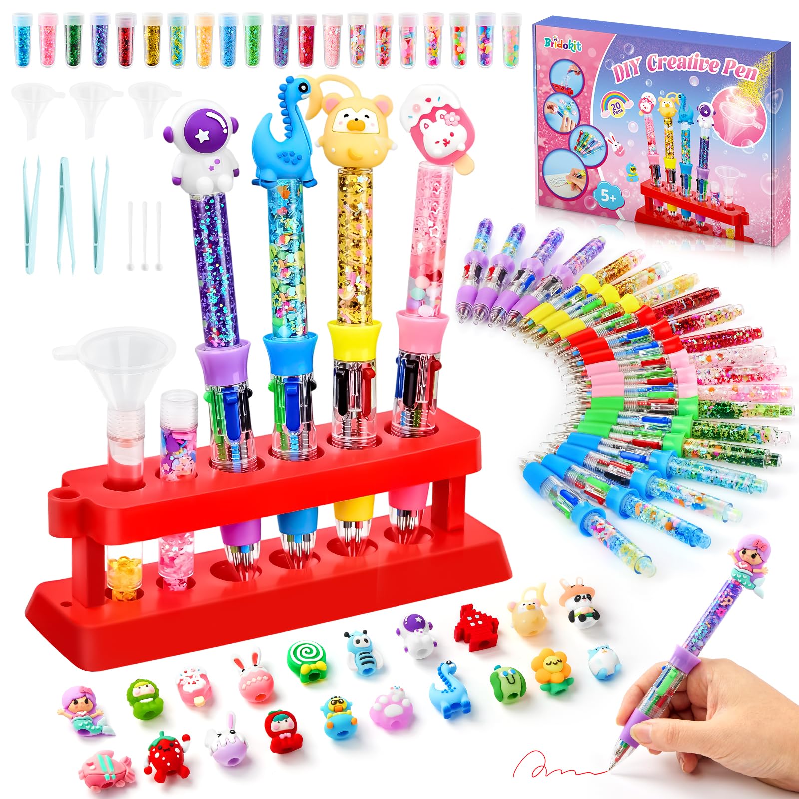 Bridokit Pen Making Kit for Kids, Make Your Own 20 Pcs Personalised Sparkly Pens with 20 Kinds of Decorations, Creative Arts and Craft Kits for Kids Girls Age 5 6 7 8 9 10 11 12,Girls Gifts Toys