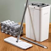 JOYMOOP Flat Mop System, Microfiber Mop and Bucket Set, White, Household &amp; Commercial Floor Cleaning Mop with Long Handle, Wet Dry Use, Includes 8 Mop Pads