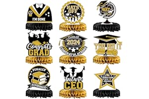 GRETION 9 PCS Graduation Centerpieces 2024,Graduation Party Decorations Class of 2024 Congrats Grad Honeycomb Centerpiece for Table Toppers Decorations,2024 Graduation Party Supplies Favors(Black Gold)
