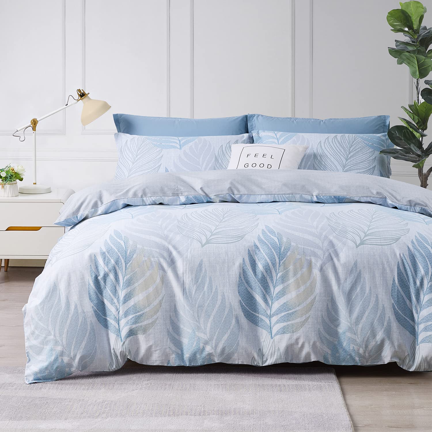 SAPHREAS Light Blue Palm Duvet Cover Set 100% Cotton Single Size Tropical Leaves Comforter Cover Set with Zipper Closure Bedding Set 1 Duvet Cover 1 Pillow Sham — image 1