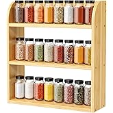 ROMGUAR CRAFT 3 Tier Bamboo Spice Rack, Countertop or Wall Mounting Wood Spice Jars Organizer Shelf for Kitche, Pantry (Natural)