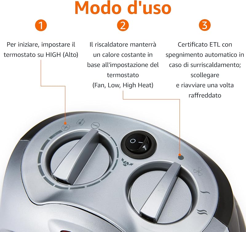 Termoventilatore oscillante in ceramica da 1800 Watt con termostato regolabile - Argento