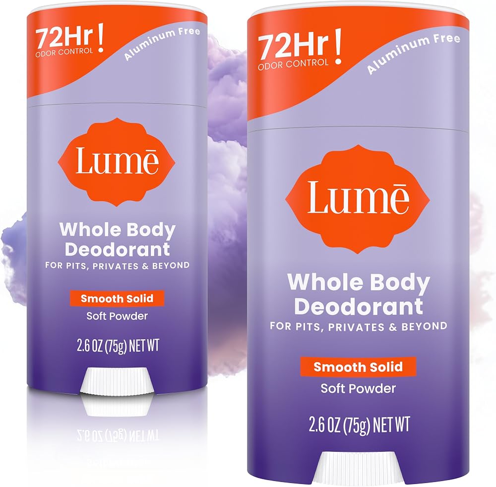 Lume Whole Body Deodorant - Solid Stick - 2.6 oz, 2 pk (Soft Powder) | 72-Hour Odor Control, Aluminum & Baking Soda Free, Ski