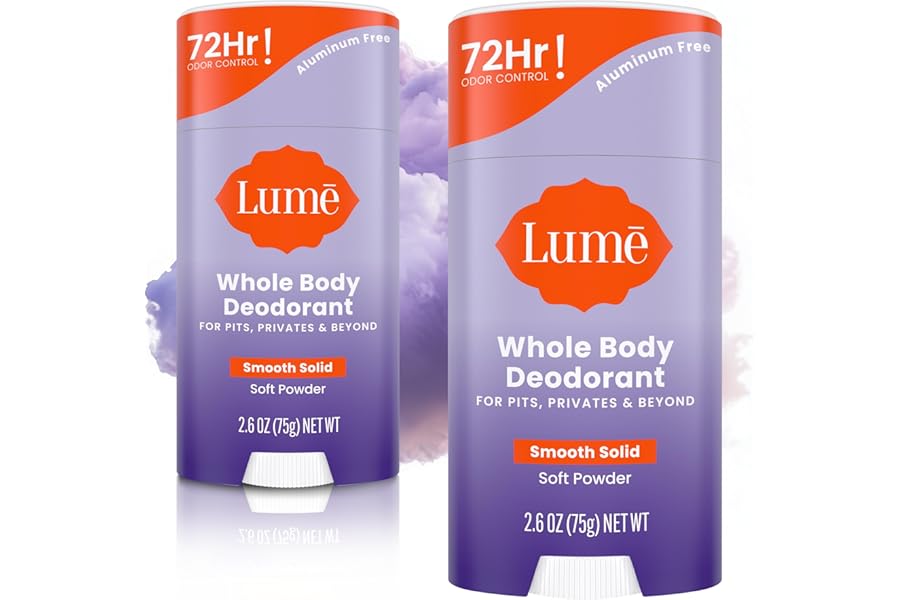 Lume Whole Body Deodorant – Smooth Solid Stick – 72 Hour Odor Control – Aluminum Free, Baking Soda Free and Skin Safe – 2.6 Ounce (Pack of 2) (Soft Powder)