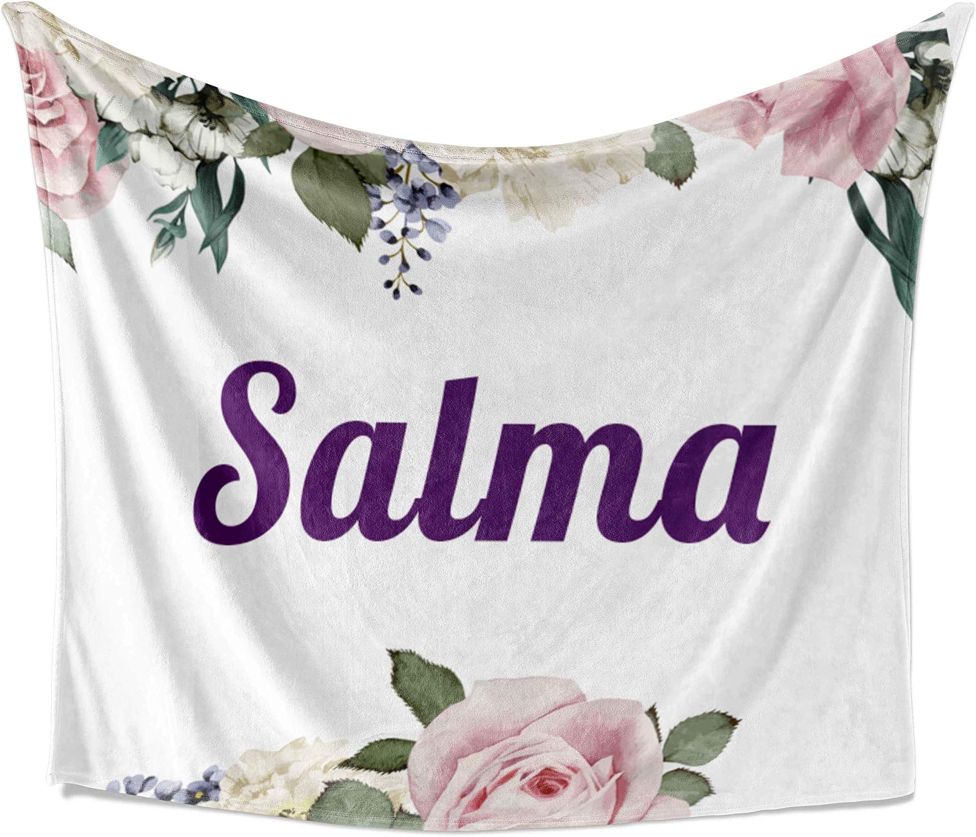 Bouncing Brick Designs Salma - Personalized Flowers Throw Blanket, Soft White Premium Sherpa Material, 50x60 Inches, Birthday Present, Unique Special Fun Idea