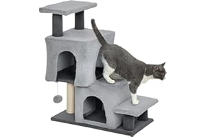 PawHut Adjustable Height Cat Stairs, 4-Step Pet Steps with Scratching Posts, Cat Condo, Hanging Ball, Dog Stairs for Sofa and
