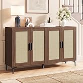 Luoxiao Sideboard Buffet Cabinet, Mid Century Modern Rattan Storage Cabinet | 48" Coffee Bar with Adjustable Shelves, 4 Soft-close Doors, Accent Credenza for Kitchen, Living Room, Entryway, Office Walnut