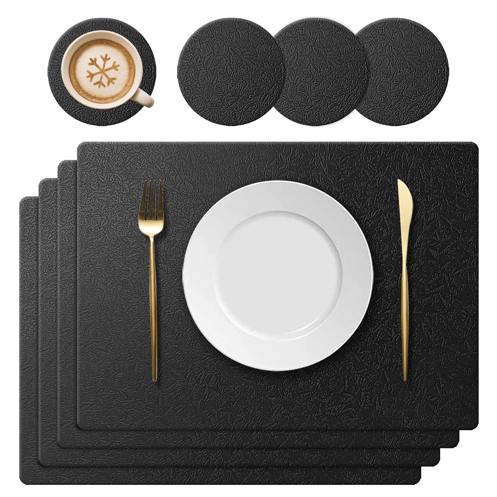 KERYCHIN Silicone Placemats and Round Washable Coasters Set, Non-Slip Leaf Pattern Design, Heat Resistant 220°C, Easy to Clean for Kitchen, Restaurant, 40 x 30 cm, Black — image 1