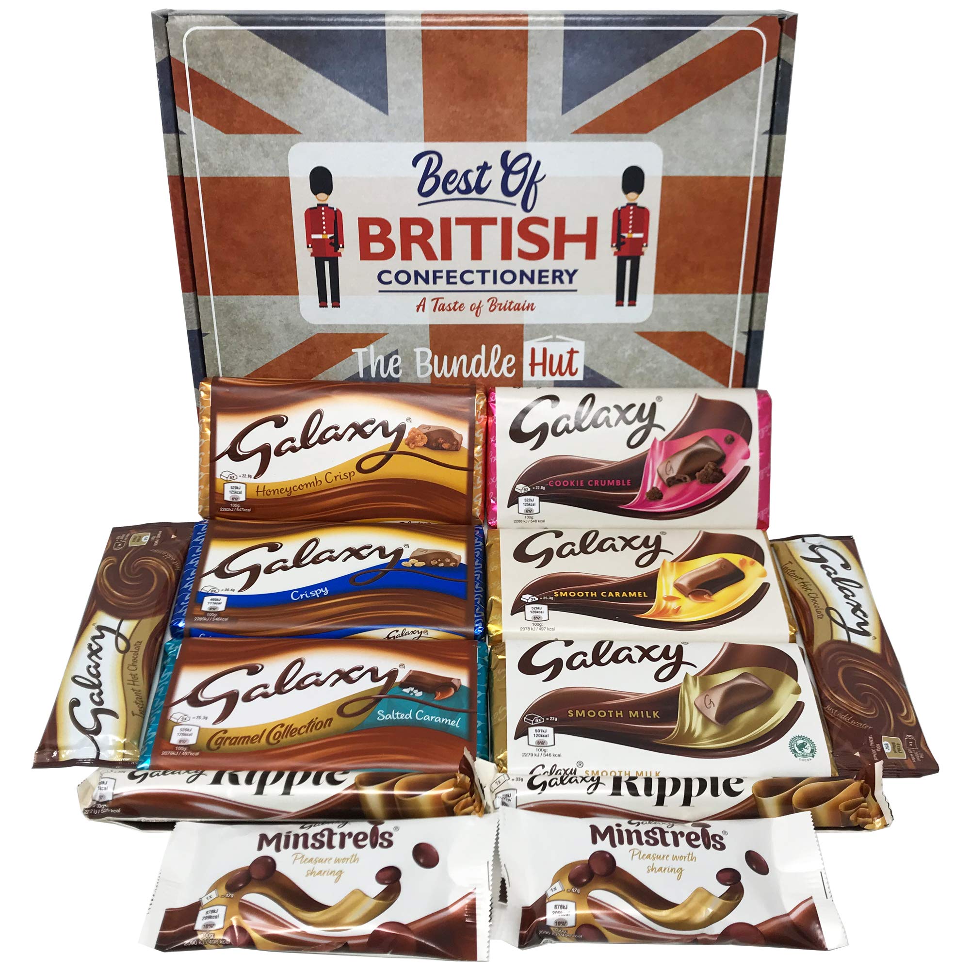 British Candy Galaxy Chocolate Gift Box from The Bundle Hut - 12 Full-Size UK Galaxy Chocolate Bars in British Themed Selection Box - Includes Minstrels, Ripples, Salted Caramel, Hot Chocolate & More