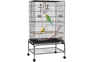 PawHut 43" Bird Cage for Budgies Cockatiels Canaries Lovebirds Finches with Rolling Stand, Toys, Removable Tray, Storage Shel