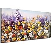 Ardemy Flowers Wall Art Canvas Daisy Colorful 3d Textured Picture Landscape Wildflowers Painting, Purple Yellow Floral Artwor