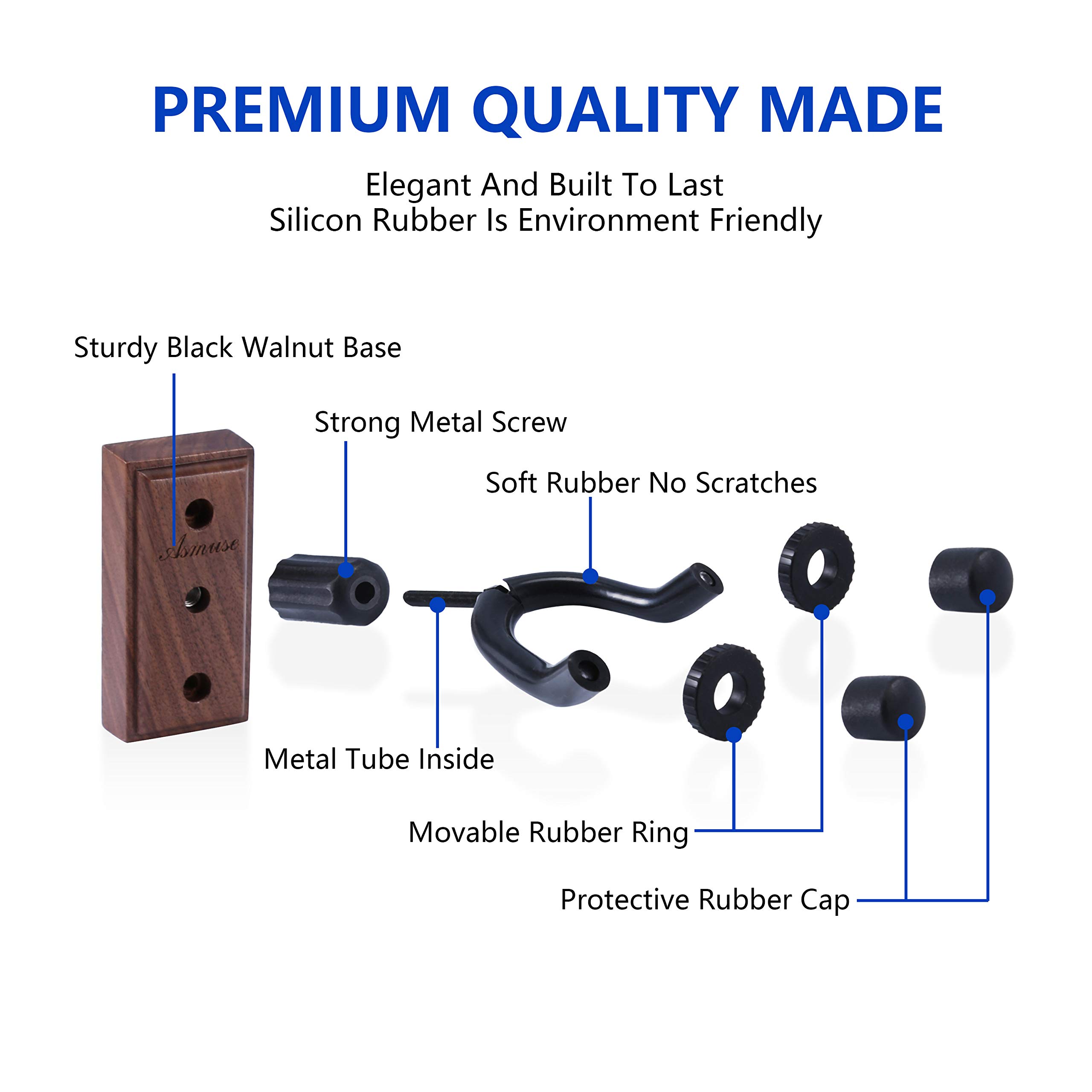 Asmuse™ Supporto Gancio Montaggio a parete Ganci Appendi Chitarra per Chitarra Elettrica/Basso / Elettrico/Ukulele / Violino (Noce Nera, 2 Pacco)