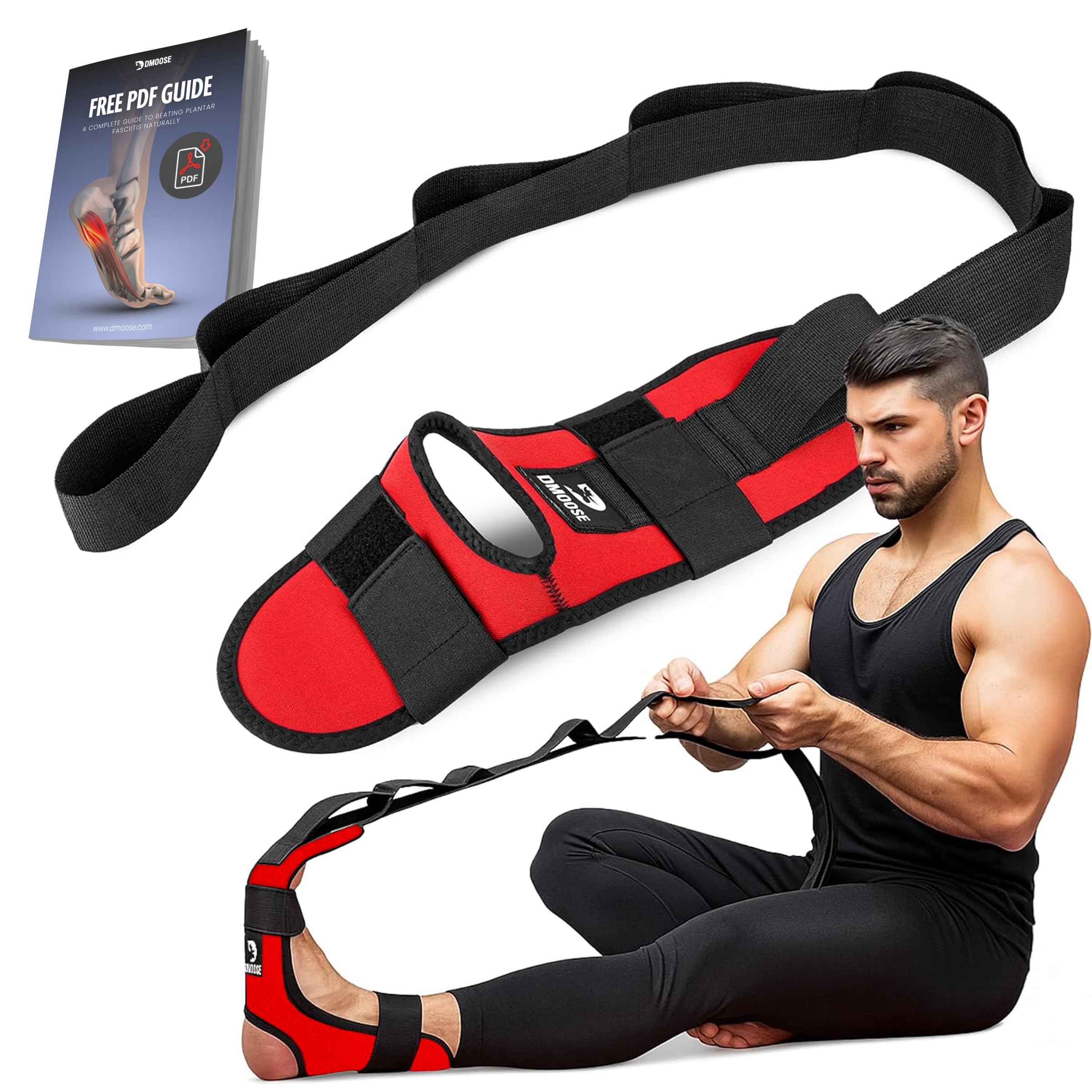 DMoose Fitness Foot & Calf Stretcher with Adjustable Padded Stretching Strap for Plantar Fasciitis, Heel Spurs and Achilles Tendonitis Relief - Yoga Leg Stretch Strap for Flexibility (Red)