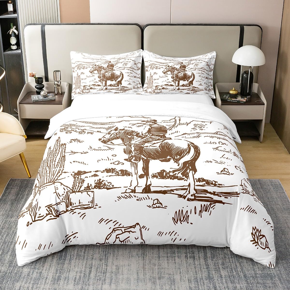 Homewish Western Cotton Duvet Cover Single, Farmhouse Cowboy Bedding Set Western Bedding, Country Southwest Desert Comforter Cover, Wild Cactus Quilt Cover, Vintage Hand Drawn 2Pcs Bed Cover