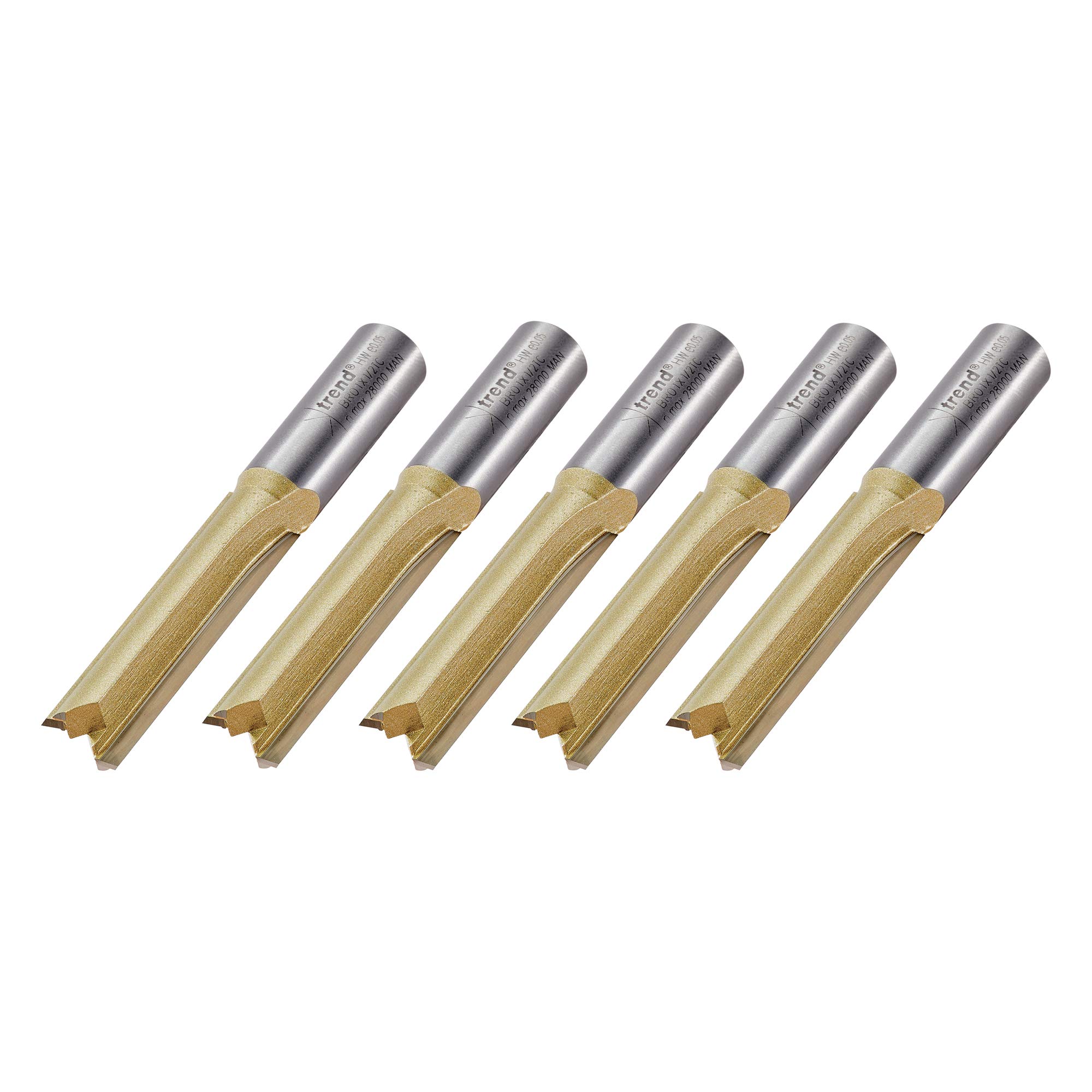 Trend Straight Two Flute Worktop Router Cutter, 1/2 Inch Shank, 12.7mm Cut Diameter & 50mm Cut Length, Tungsten Carbide Tipped, 5 Pack, BR01/5
