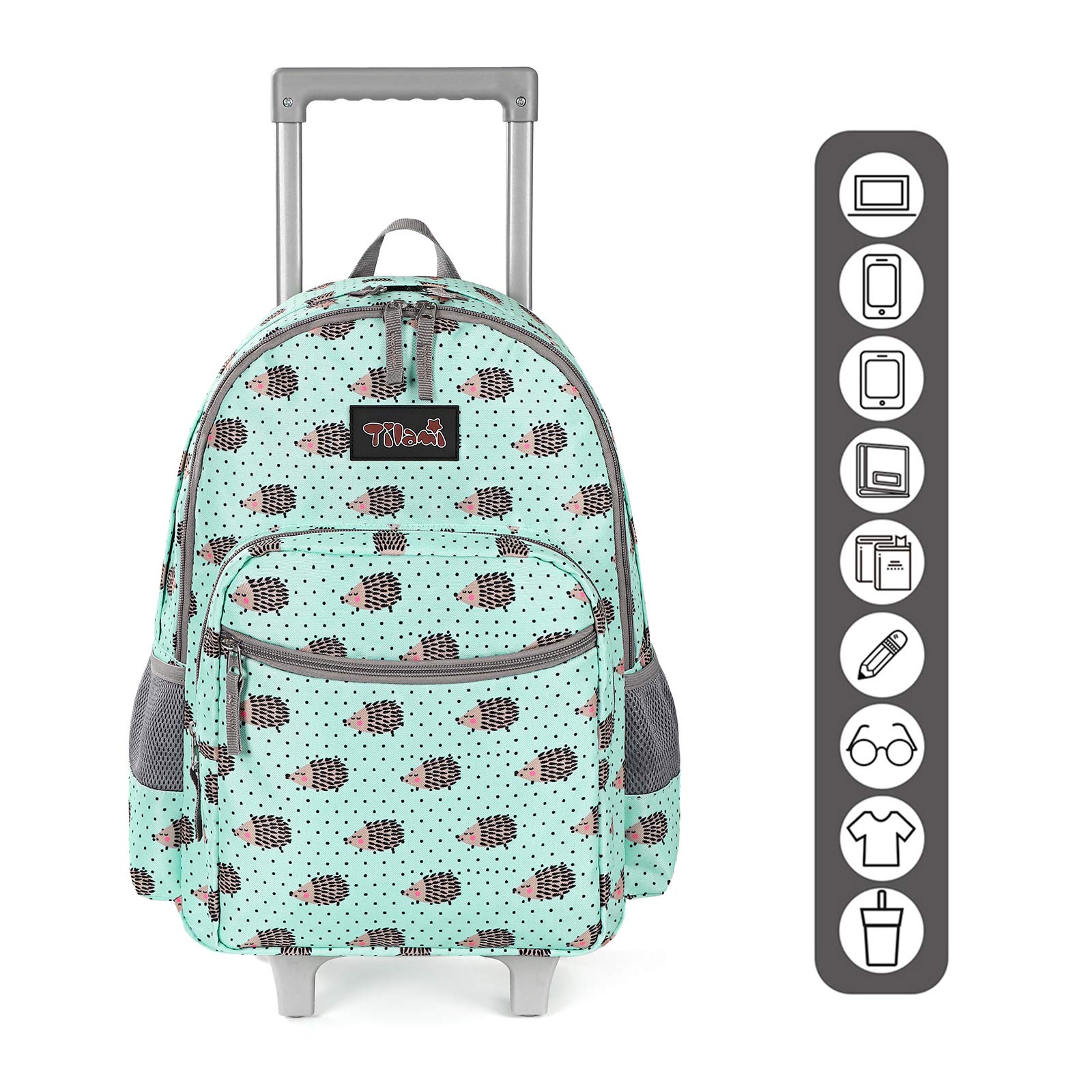 Tilami Rolling Backpack 18 inch Double Handle with Lunch Bag Wheeled Kids Backpack for Girls and Boys, Hedgehog Green
