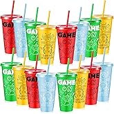 Uiifan 16 Pcs Video Game Party Plastic Cups with Lids and Straws 24 oz Iced Coffee Drinking Resuable Plastic Cups for Video Game Birthday Party Favor(Red, Yellow, Blue, Green)