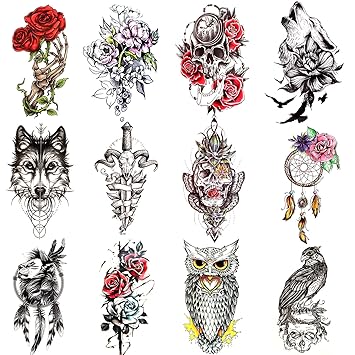 picture Owl Made Of Flowers Tattoo konsait 12 sheets large temporary tattoos for women man half arm sleeves tattoo stickers flower wolf skull lion owl tribal totem fake tattoos party