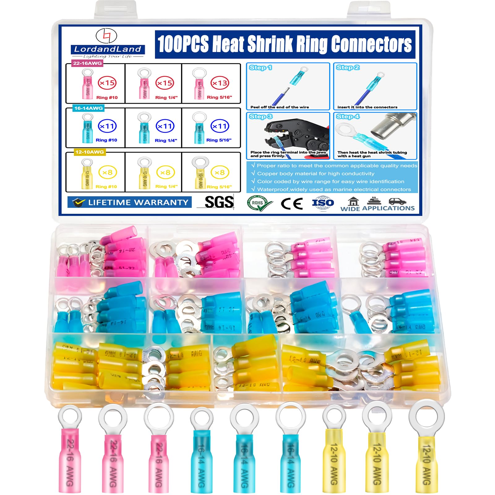 Photo 1 of 100PCS Marine Grade Heat Shrink Ring Connectors Heat Shrink Wire Connectors Tinned Red Copper #10,1/4",5/16"(3Colors/9Sizes),16-14 22-16 12-10 Gauge Insulated Crimp Connector Assortment
