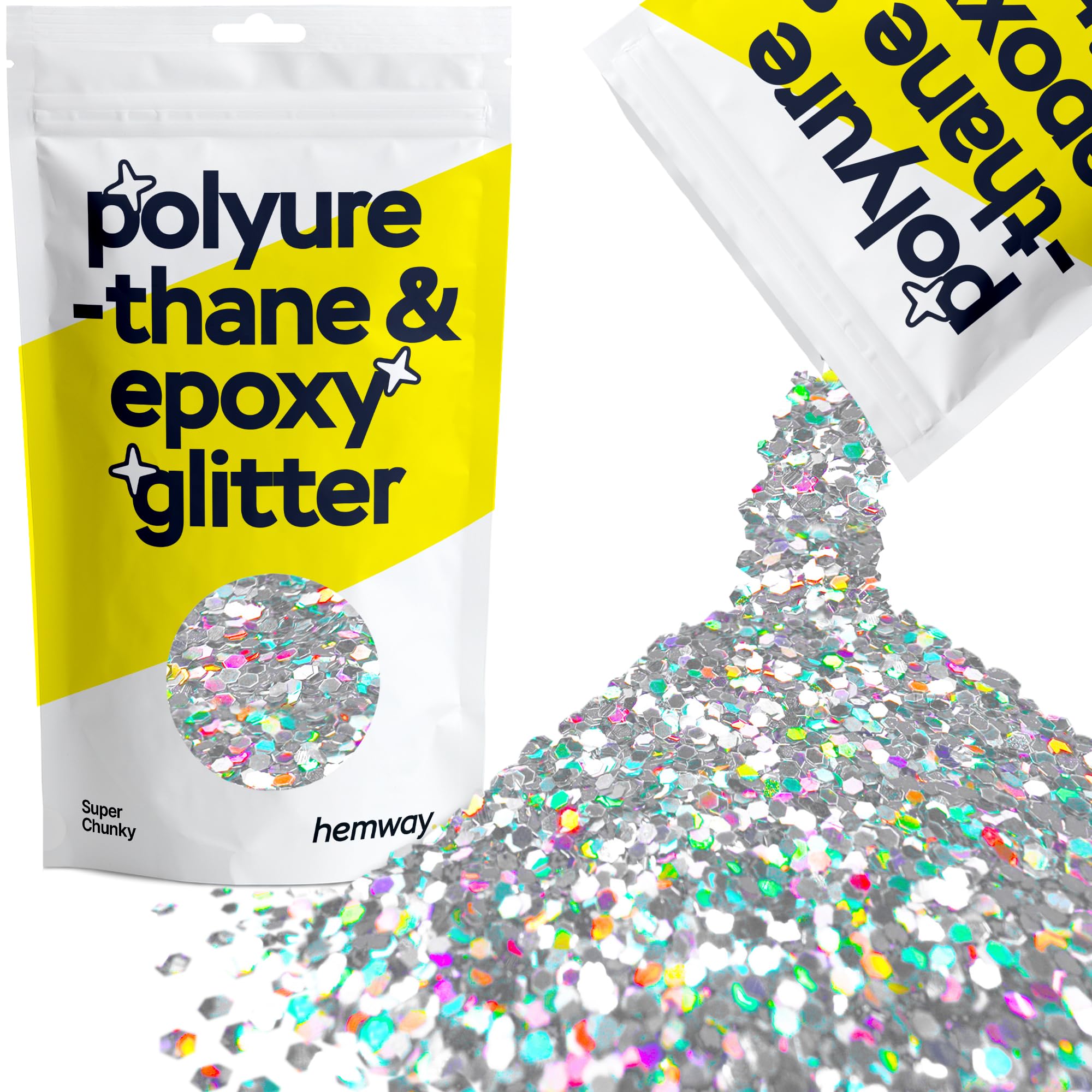 Hemway Resin Glitter Silver Holographic 100g Super Chunky | Polyurethane & Epoxy Glitter for Resin Crafts, Tumblers, Coasters, Floor & Table Art