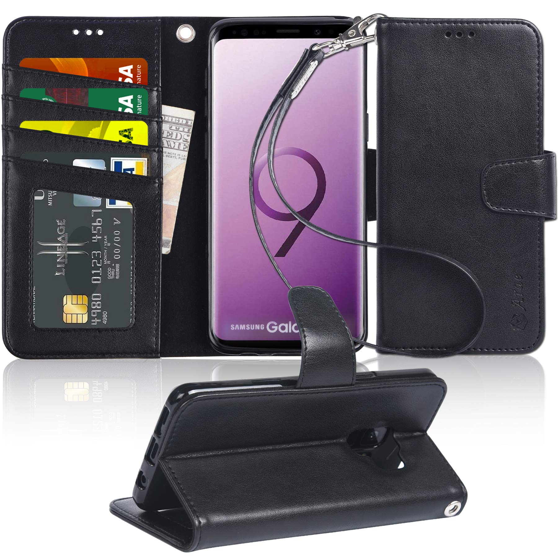 Galaxy S9 plus Case, Arae [Kickstand Feature] PU leather wallet case with [4-slots] ID&Credit Cards Pocket for Samsung Galaxy S9 plus - black