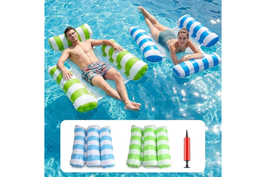 SULIMRA Inflatable Pool Floats Adult, 2 Pack Thick Pool Floaties Heavy Duty, Non-Stick PVC Rafts Chairs with Mesh Seat, Hammock Noodles Lounger for Summer Water Party Lake Beach