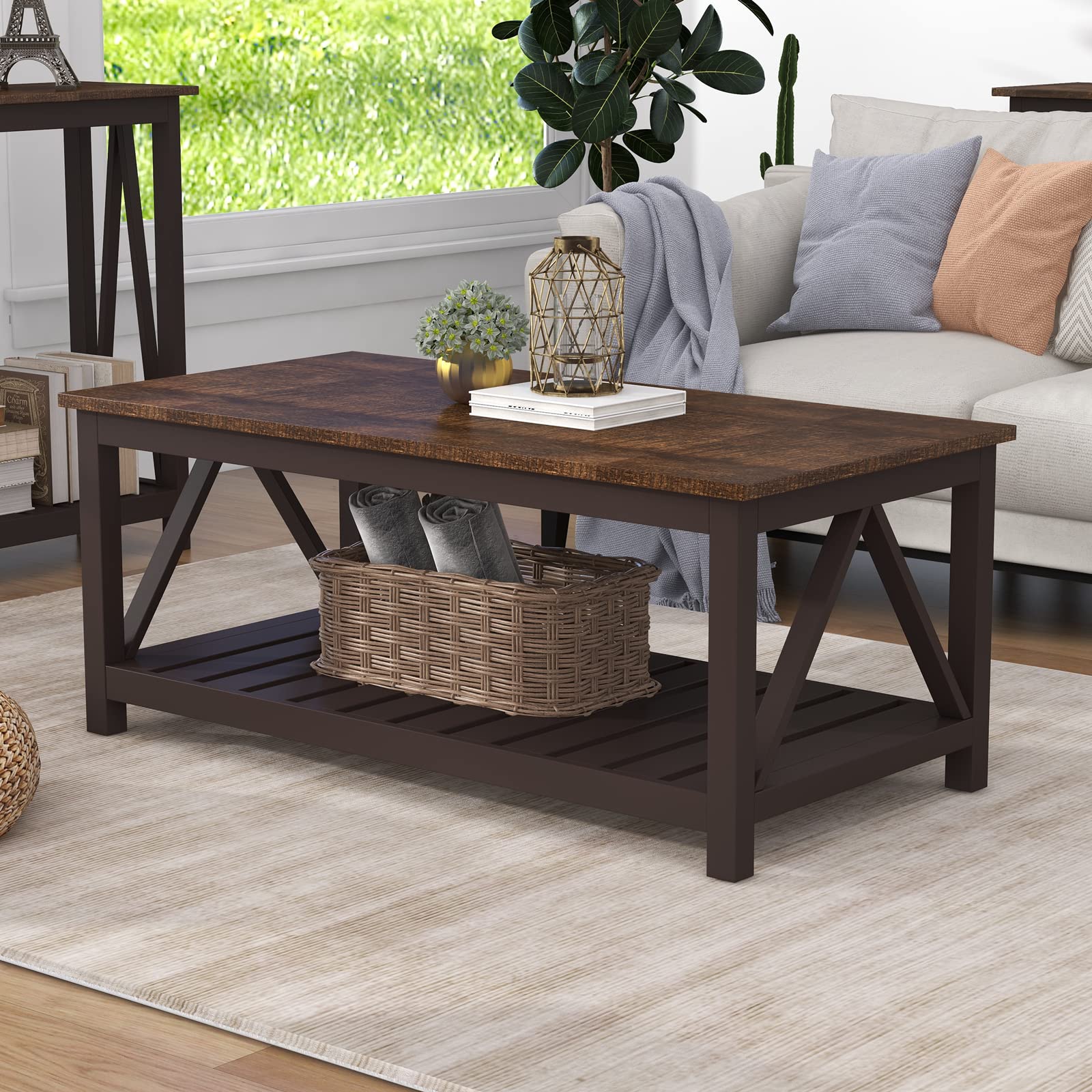 Photo 1 of *FOR PARTS ONLY*
ChooChoo Farmhouse Coffee Table, Rustic Vintage Living Room Table with Shelf, 40 Espresso
