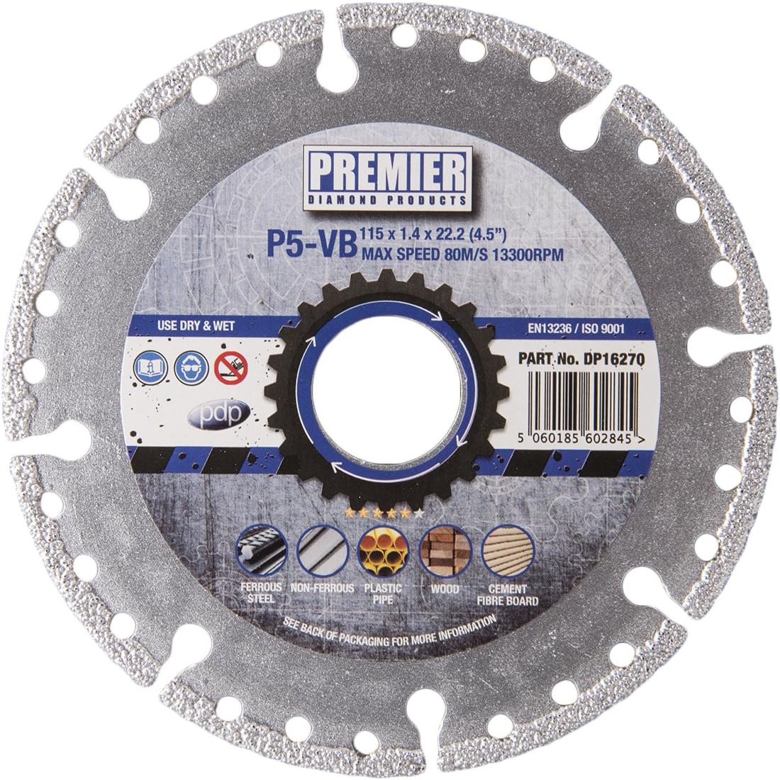 Premier Diamond DP16270 P5-VB Vacuum Brazed Rescue Blade for Multi-Purpose Use, Silver, 115 x 22.2 mm
