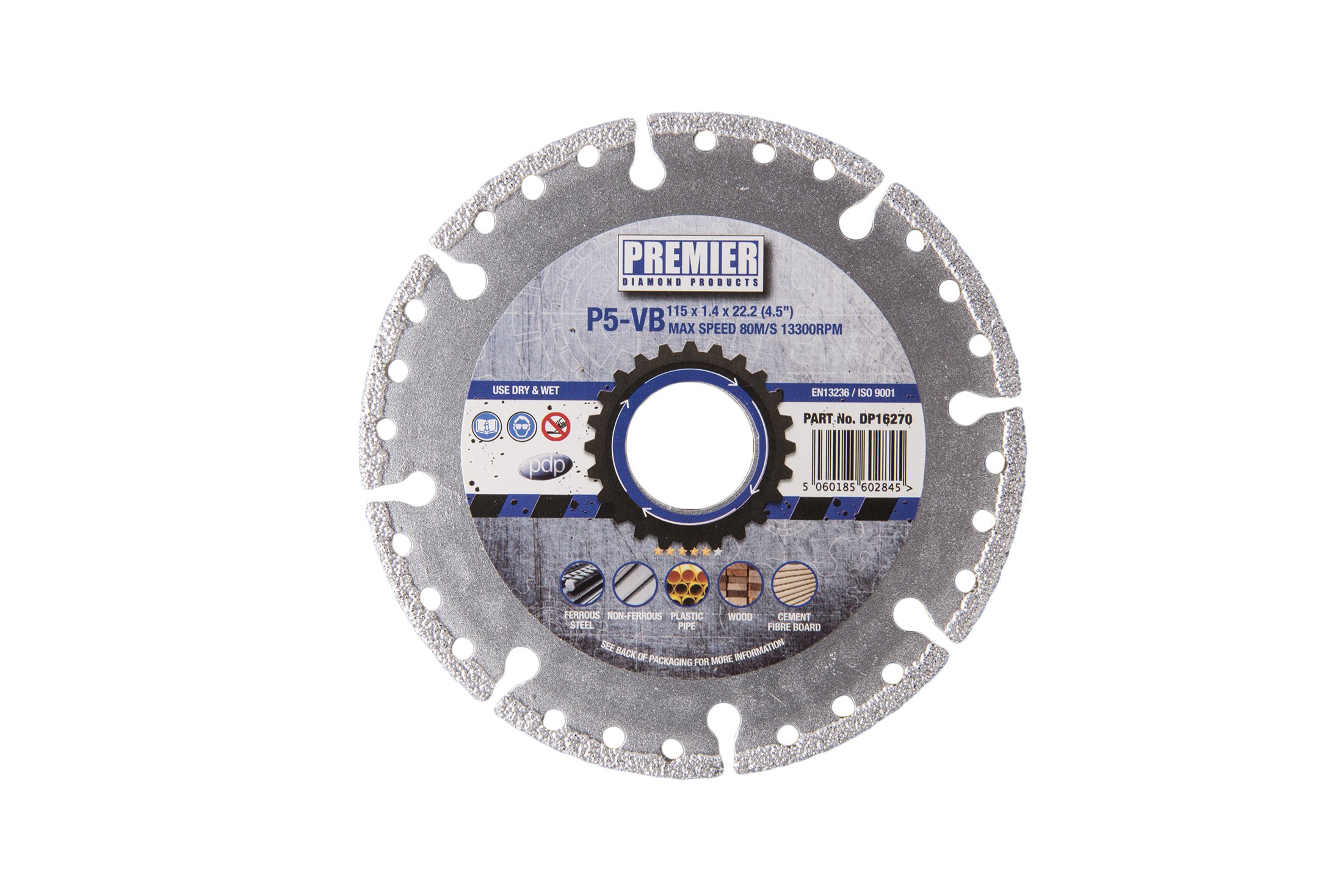 Premier Diamond DP16270 P5-VB Vacuum Brazed Rescue Blade for Multi-Purpose Use, Silver, 115 x 22.2 mm