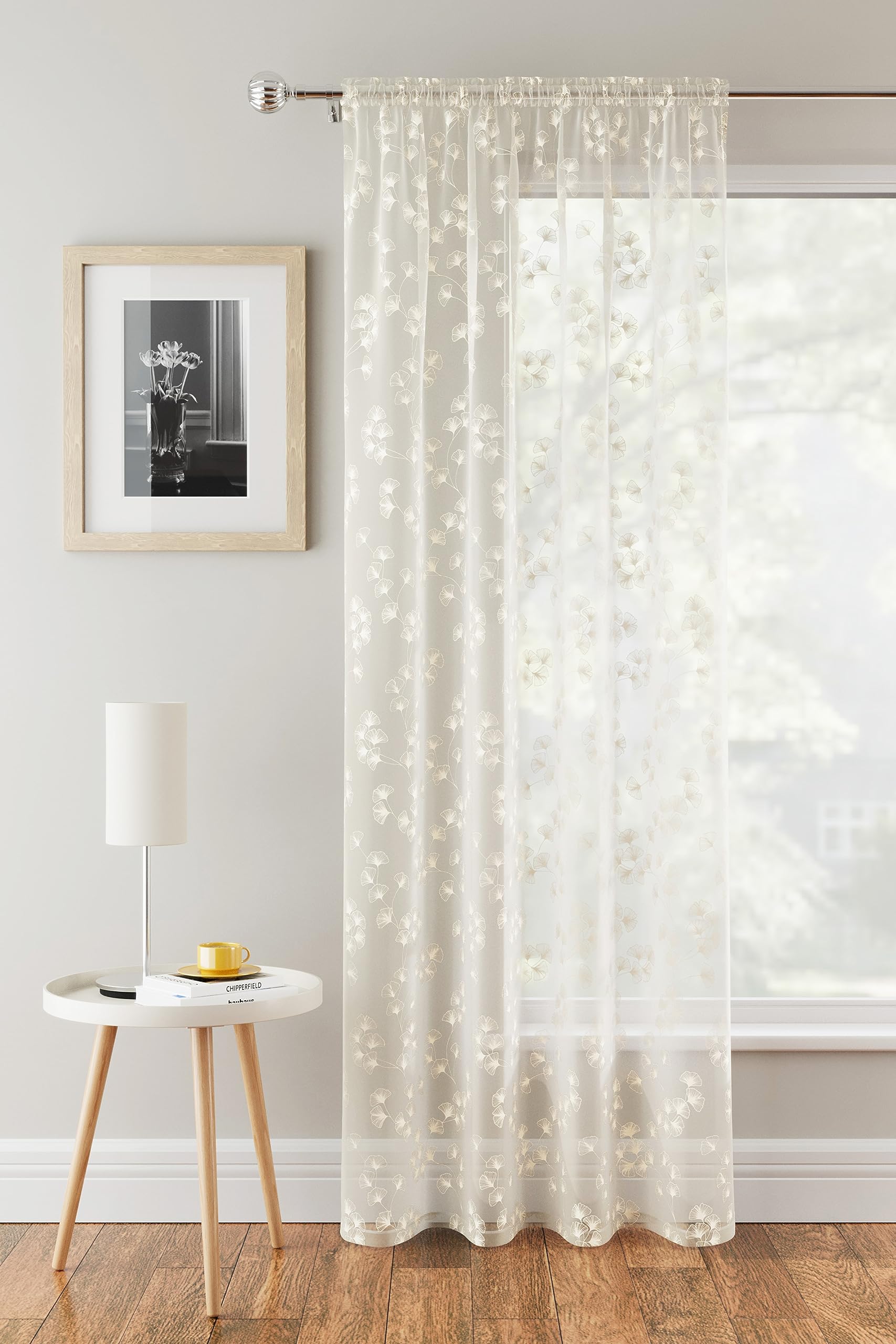 Tyrone Textiles Delila Cream Floral Voile Net Curtain Panel - 55 x 54 Inch (140 x 137cm) - Sheer Semi Transparent Slot Top/Rod Pocket Privacy Drapes