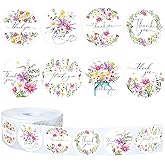 Whaline 1000Pcs Wildflower Thank You Stickers Roll Spring Floral Label Decals 8 Designs Colorful Flower Self-Adhesive Round Seal Stickers for Baby Shower Gifts Envelopes Greeting Cards Party Supplies