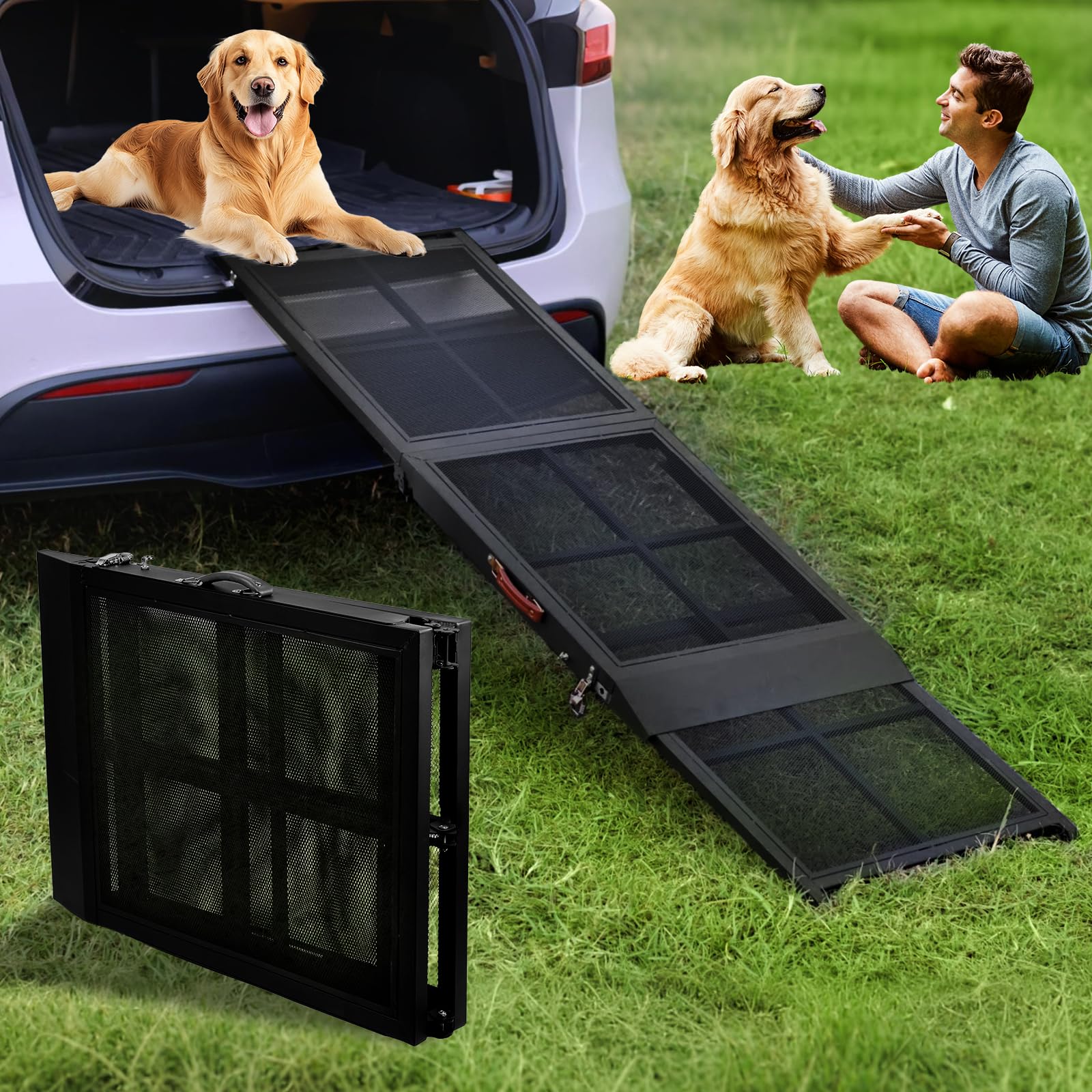 Photo 1 of **USED, DAMAGE** CreatAuto 67" L x 20" W Telescoping & Foldable Metal Dog Ramp for Car, 250lbs Heavy Duty Non-Slip Pet Safe Ramp for Large Dog, Portable Outdoor Car Pet Ramp for SUV Truck Camper