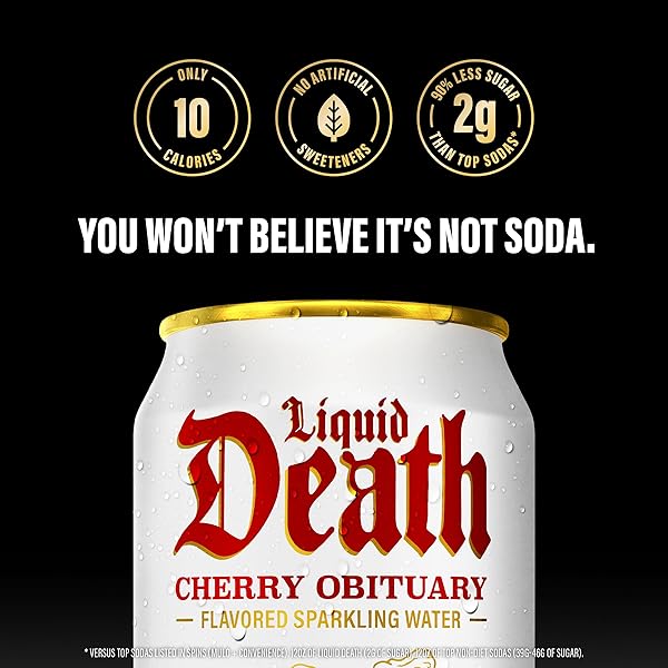 LIQUID DEATH SODA-FLAVORED SPARKLING WATER – CHERRY OBITUARY, LESS SUGAR*, HUGE FLAVOR, NO CAFFEINE, NO ARTIFICIAL SWEETENERS, 12 FL OZ (PACK OF 12)