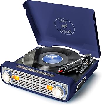 Amazon Com Ion Audio Bronco Lp Vintage Turntable Vinyl Record Player With Speakers Am Fm Radio Usb And Aux Inputs Blue Navy Finish Musical Instruments