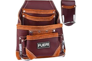 FUERI Professional 10 Pocket Carpenter Tool Pouch Framers Bag | Heavy Duty Premium Grain Leather, Rig Riveted Reinforcement Adjustable Framing Holder | Construction Maintenance Tool Organizer