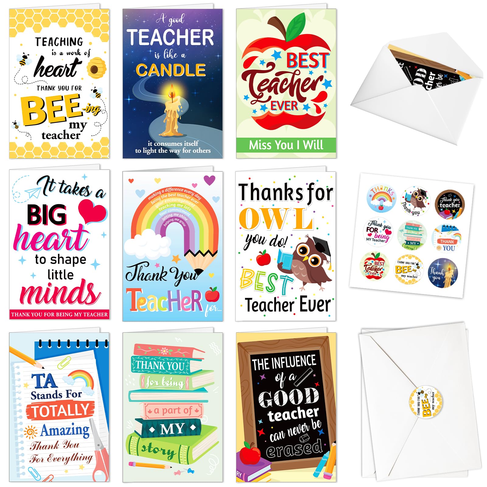 DPKOW Thank You Teacher Cards Multipack, Colorful Teacher Appreciation Cards Greeting Thank You Teacher Gifts Teachers Day Cards - 9 Thank You Cards with Envelopes + 9 Thank You Teacher Stickers