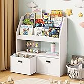 Homeiju Kids Bookshelf & Toy Storage Organizer with 2 Fabric Bins, 3 Tier Children Book Shelf, Toddler Bookcase for Toddler, Kids Room, Toys, Nursery, Playroom, White